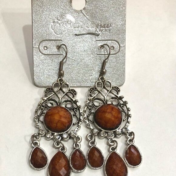 Rainbow Jewelry Brown Beveled Rhinestones Teardrop Chandelier Earrings (a)180 - Picture 3 of 7